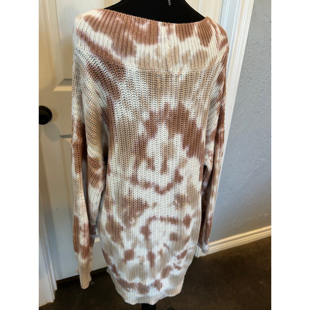 Aerie Womens XS Oversized Chunky Knit V-Neck Tie Dye Sweater Brown Cream Slouchy - Picture 4 of 8